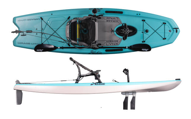 Hobie Lynx Catalina Blue top and side profile including Hobie Mirage Drive pedal unit.