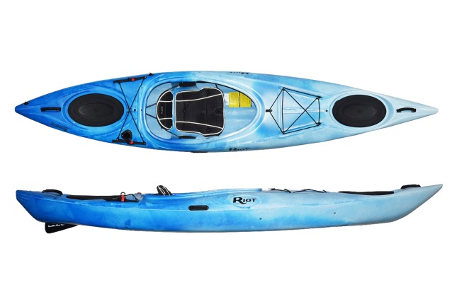 The Riot Enduro 12 touring kayak shown in the Blue/White colour