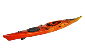 Riot Kayaks 15 Edge touring kayak at an angle in sunset