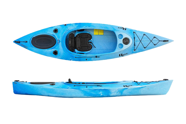 The Riot Quest 10 HV open cockpit kayak shown in the Blue/White colour