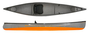 Swift Canoes Cruiser 12.8, ultra lightweight canandian canoe shown in Carbon Fusion Laminate with Granite (Carbon Innegra H-Weave) over Mango colour scheme.