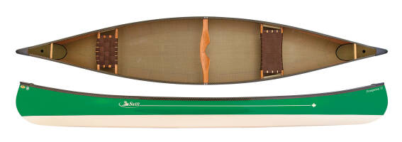 Swift Canoes Prospector 15, lightweight canadian canoe shown in Emerald over Champagne with versa bow seat