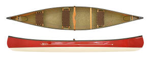 Swift Canoes Prospector 16 Combi Ruby over Champagne. 3 Seater Canadian Canoe shown with removable cherry yoke and removable multi-height centre seat