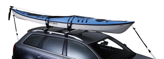 Thule QuickDraw 838, being used to secure a kayak on DockGrips 895 at both bow and stern