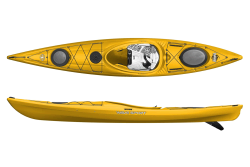 Capable short touring kayak with day hatch in yellow